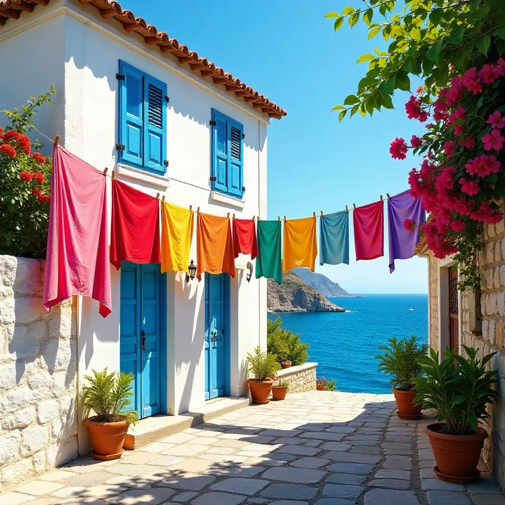 Vibrant Laundry on a White Bozcaada House, Türkiye