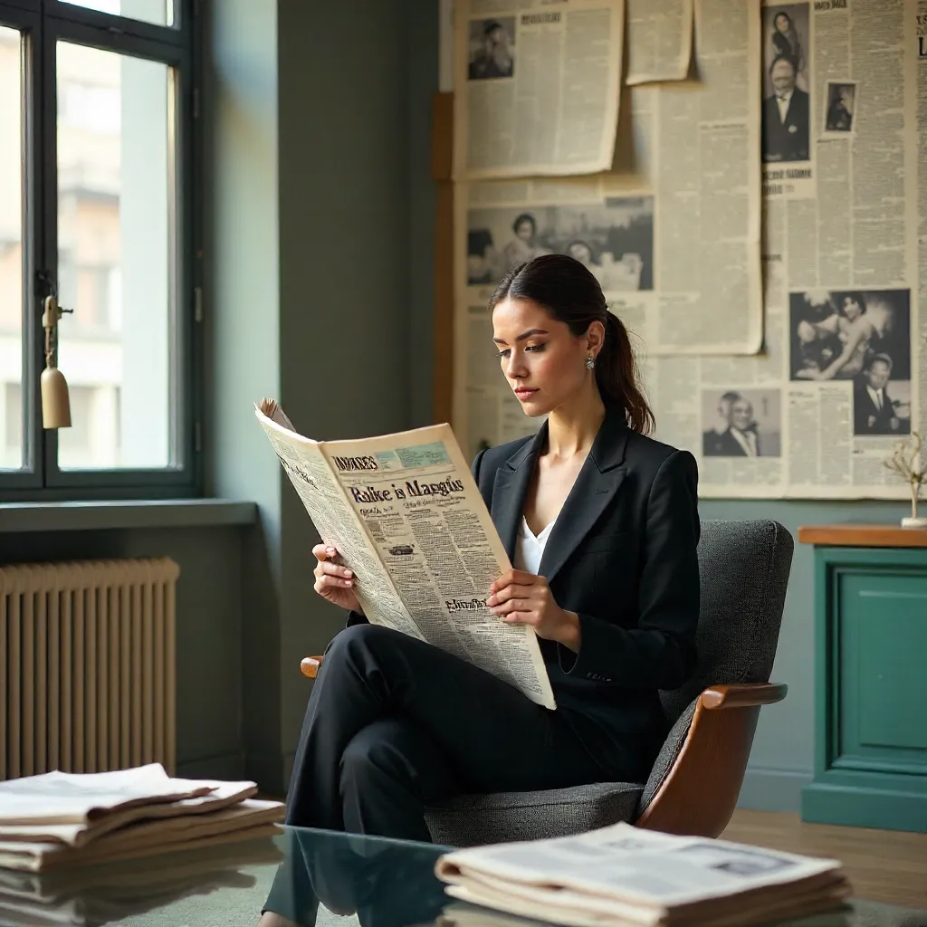 Modern Chic Woman Reading Newspaper Amid Newspaper Decor