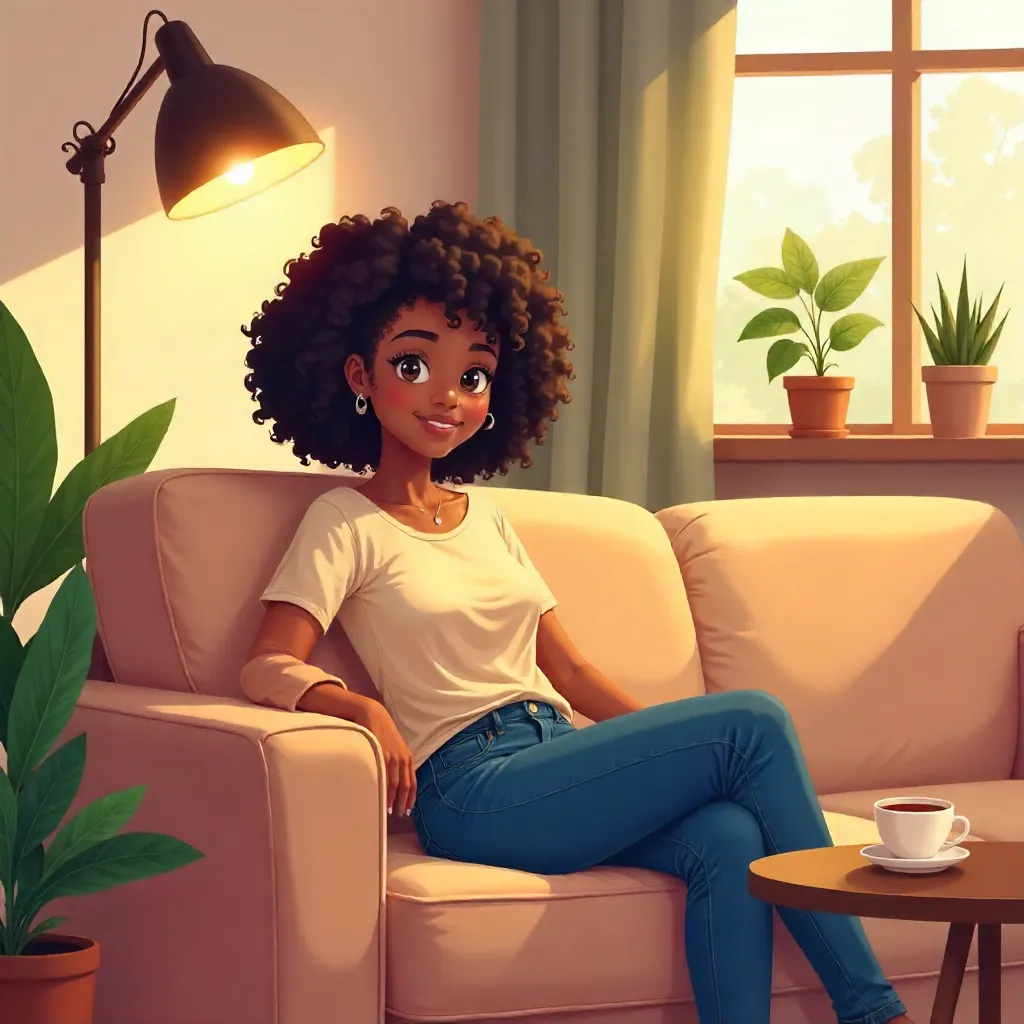 Anime-Style Young Black Woman in a Cozy Living Room