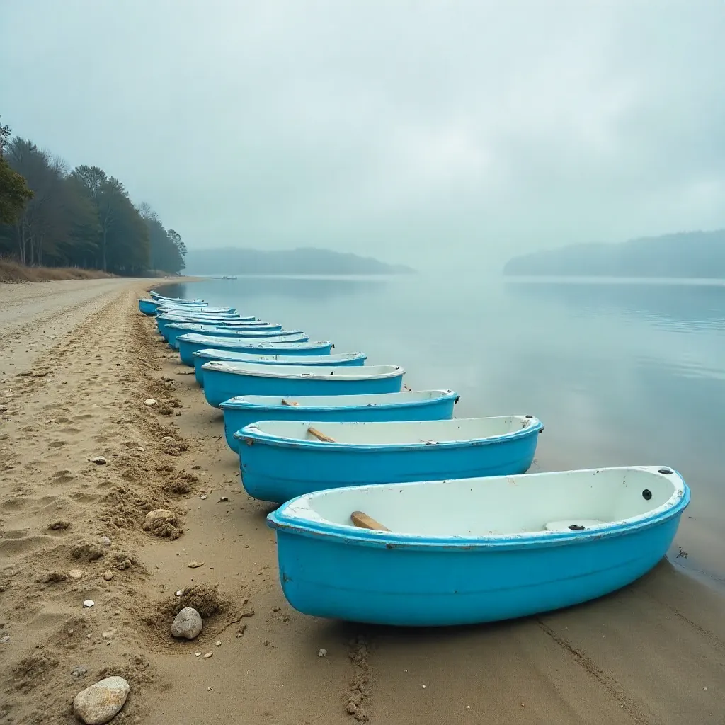 Blue pedal boats lined up along a tranquil lakeside beach