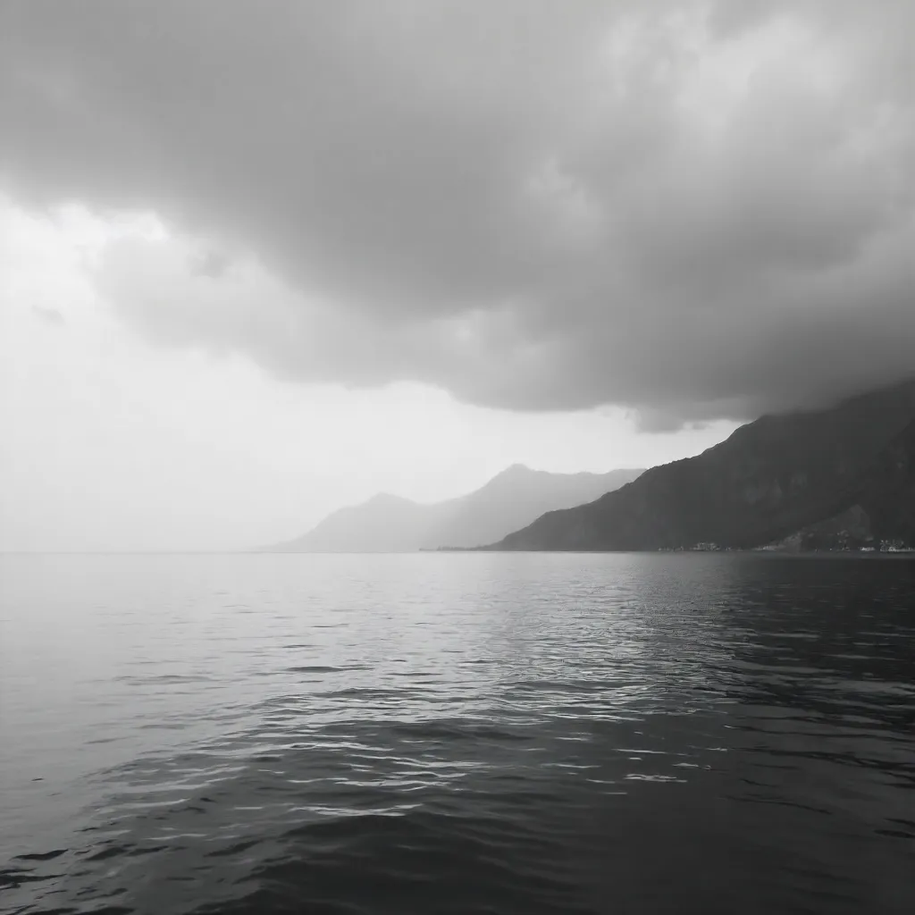 Monochrome Tranquil Ocean with Distant Mountains