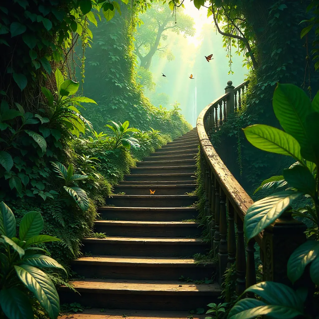 Wooden Staircase Rising Through Dense Jungle