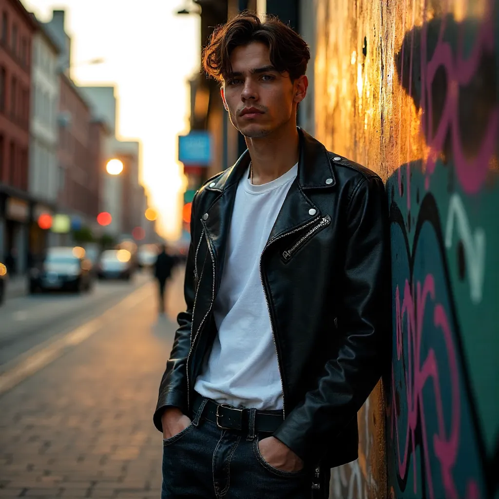 Urban Edge: Leather-Jacketed Young Man in Street Style