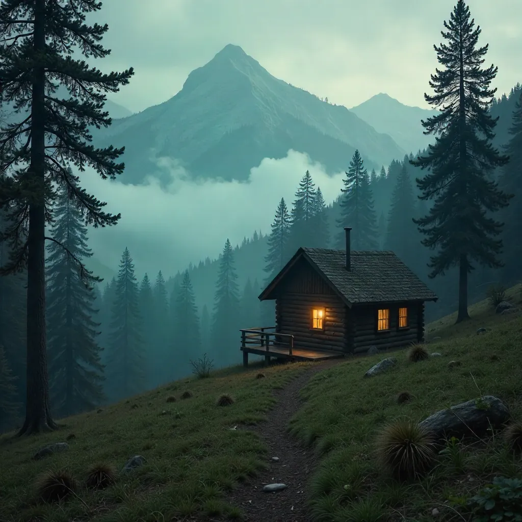 Lonely Cabin on a Misty Mountain hillside
