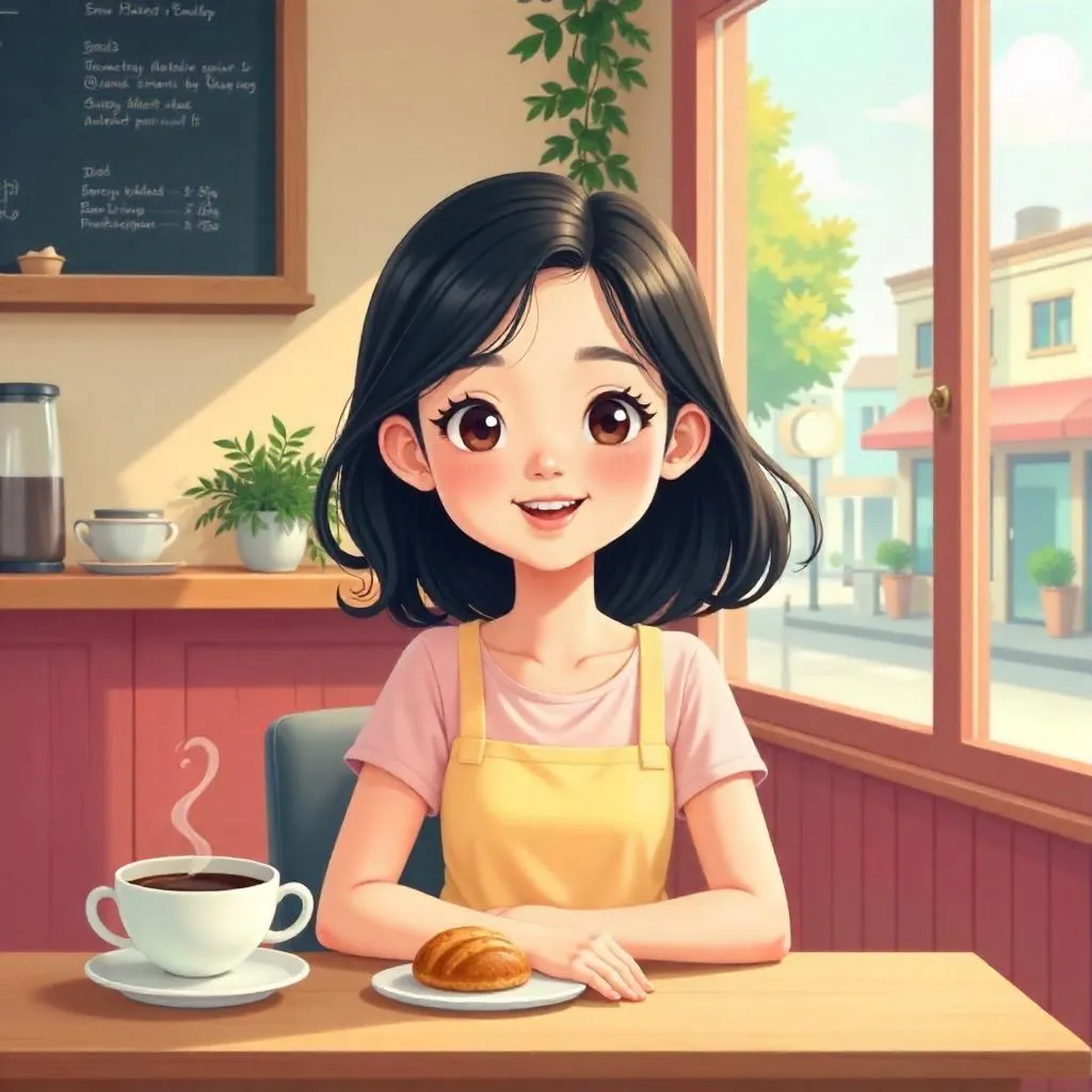 Cheerful Asian Girl in a Cozy Cafe - Cartoon Style
