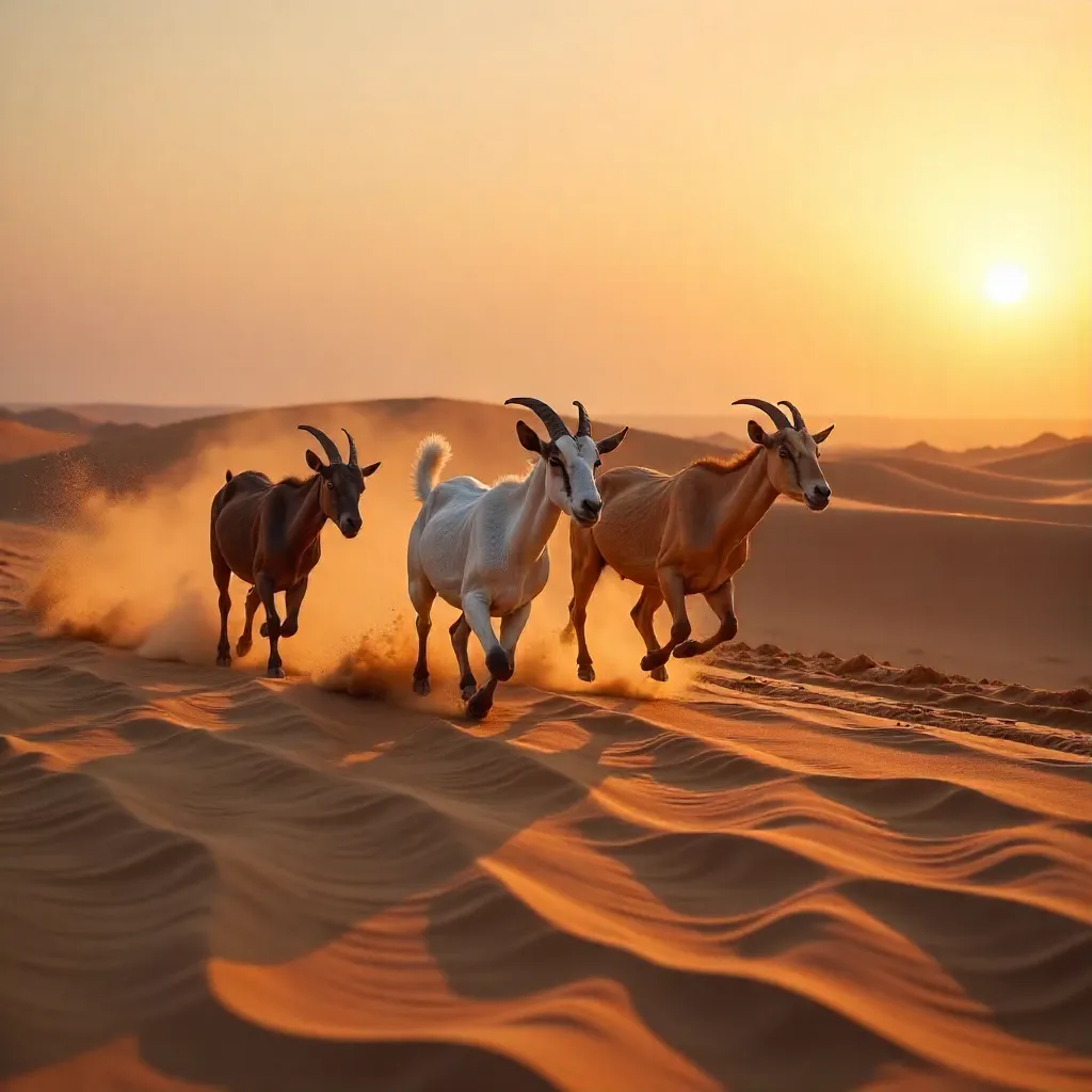 Three Goats Sprinting Across Umman Dunes at Sunrise