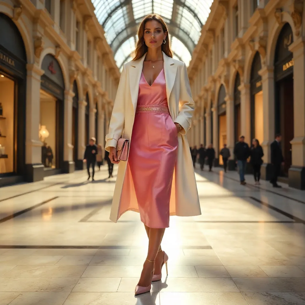 Pink Dress and White Coat in Galleria Vittorio Emanuele II
