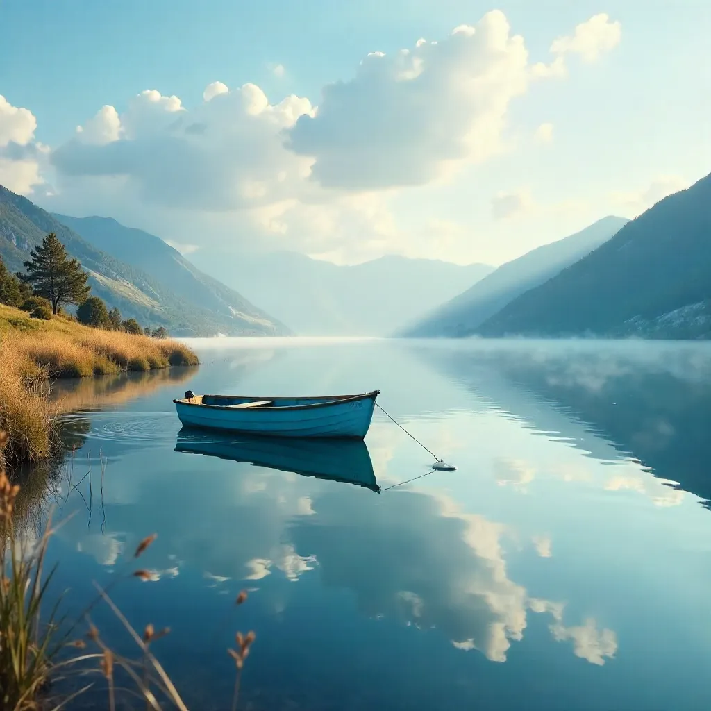 Blue Boat Reflections on Tranquil Lake