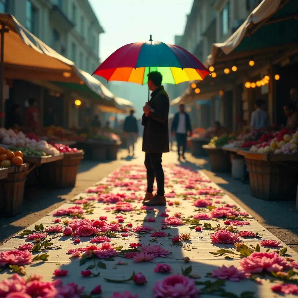 Silhouette Under a Vivid Umbrella at a Floral Market