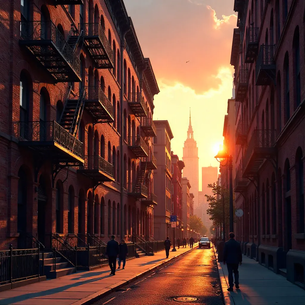 Sunset Over Elegant NYC Brick Buildings with Fire Escapes