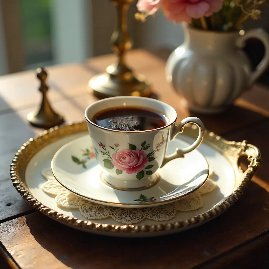 Vintage Floral Coffee Cup on a Tray