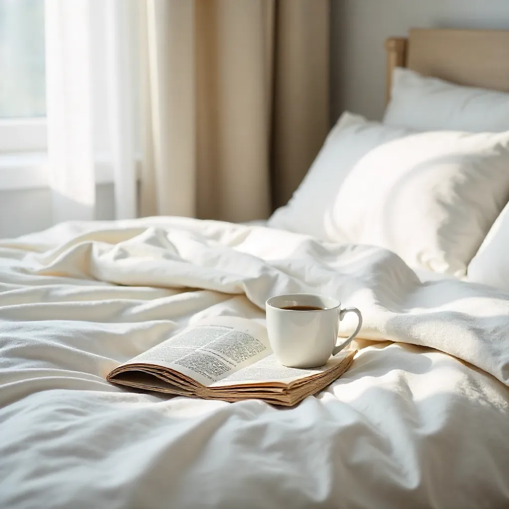 Minimalist Morning: Coffee and Paper on Bed