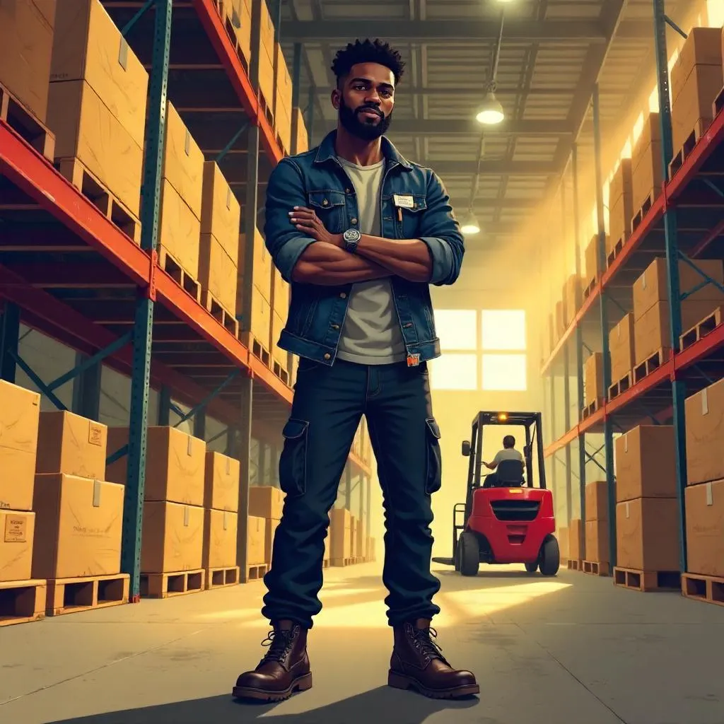 Confident Black Man in a Warehouse - Cartoon Style