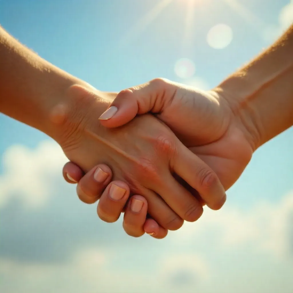 Two Hands in a Warm Embrace Against a Clear Sky