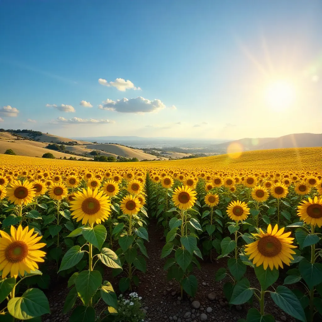 Sunflower Field to the Horizon under a Clear Sky