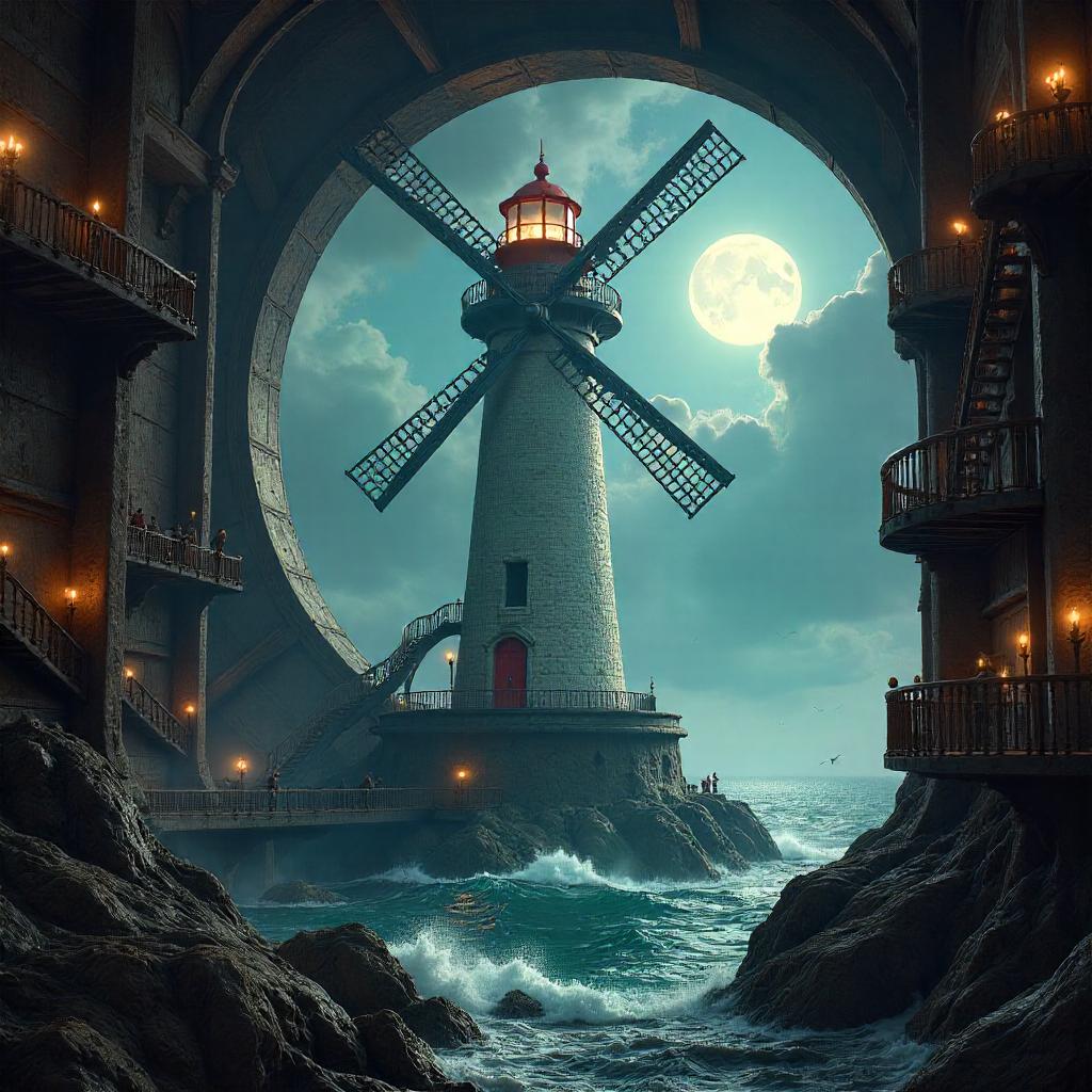 Lighthouse Inside a Windmill: Surreal Digital Art