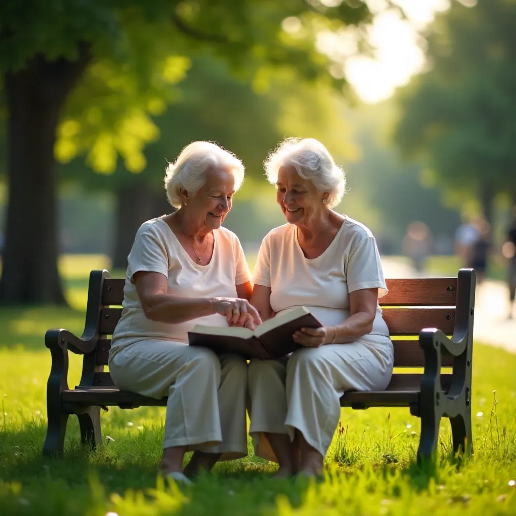 Two Seniors Reading on a Sunlit Park Bench