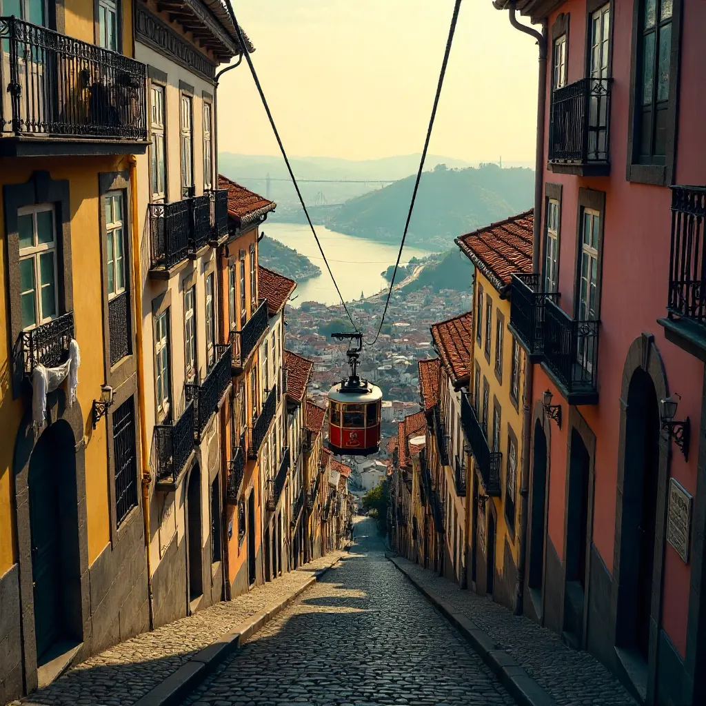 Cable Car Over Porto's Traditional Facades