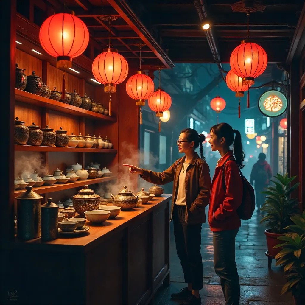 Two Wanderers in a Lantern-Lit Tea Shop