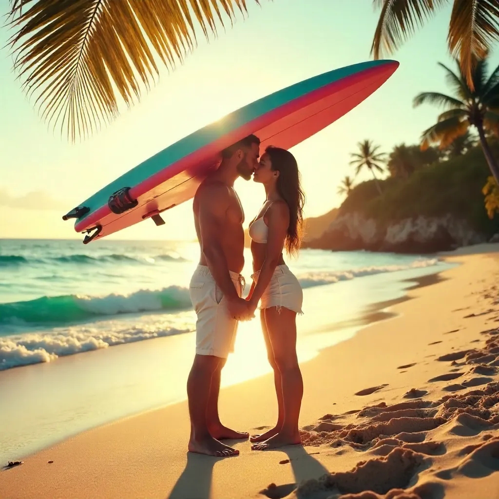 Sunlit Beach Kiss with Surfboard Overhead