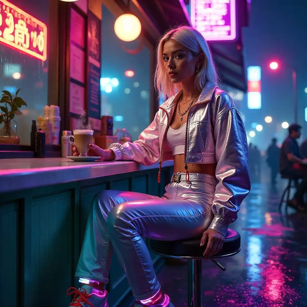 Neon Noir: Cyberpunk Cafe Fashion Scene