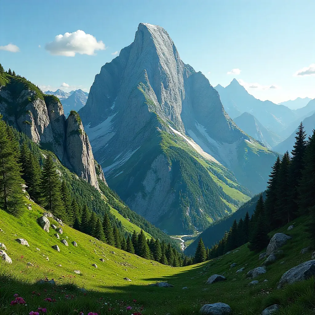 Emerald Peak Over Rugged Cliffs Under Blue Sky