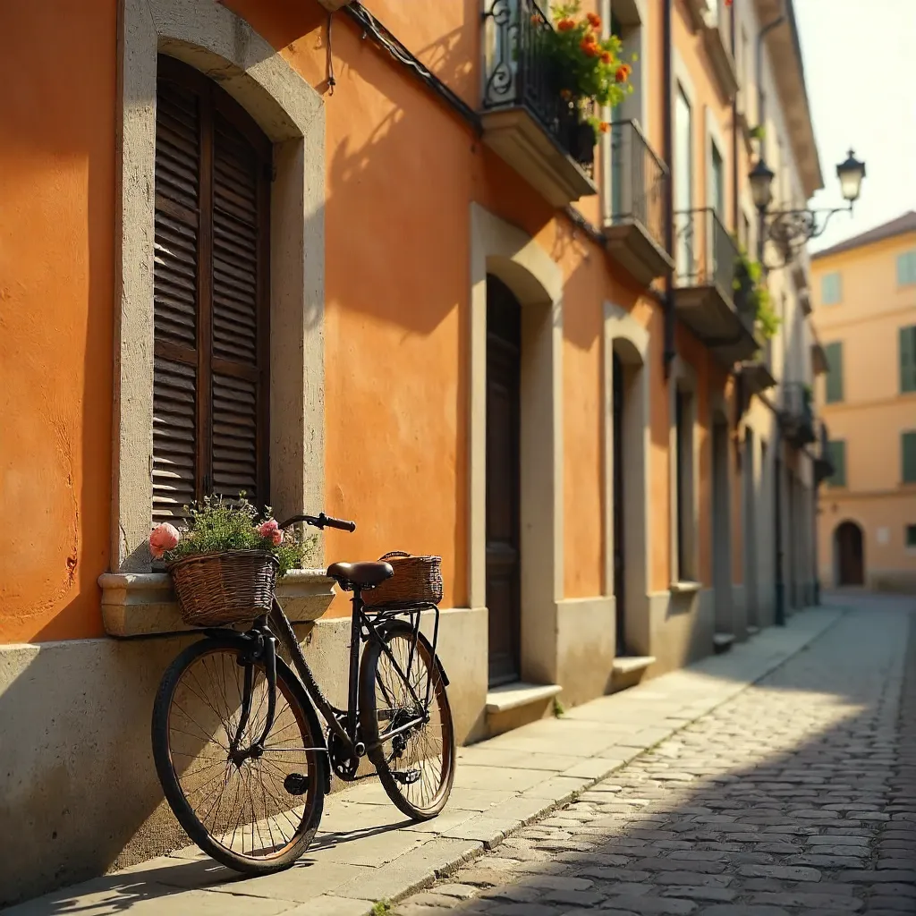 Sunlit Orange Facade with Vintage Bicycle in Europe