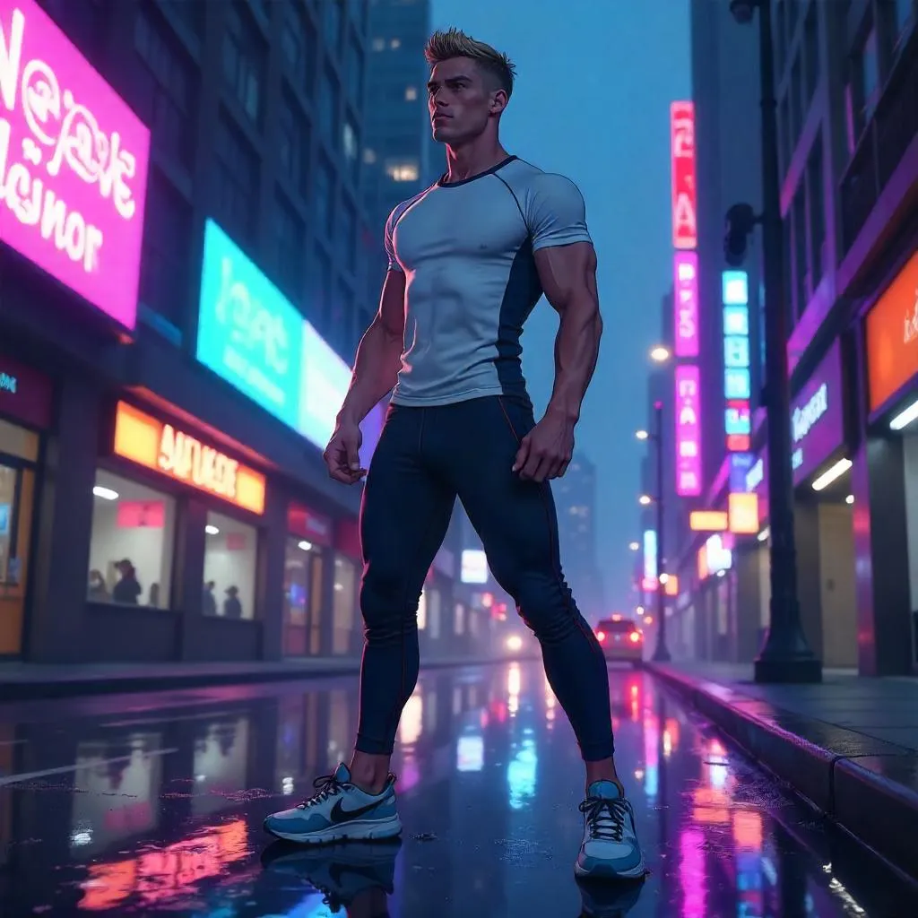 Dynamic Anime Athlete on Neon City Street