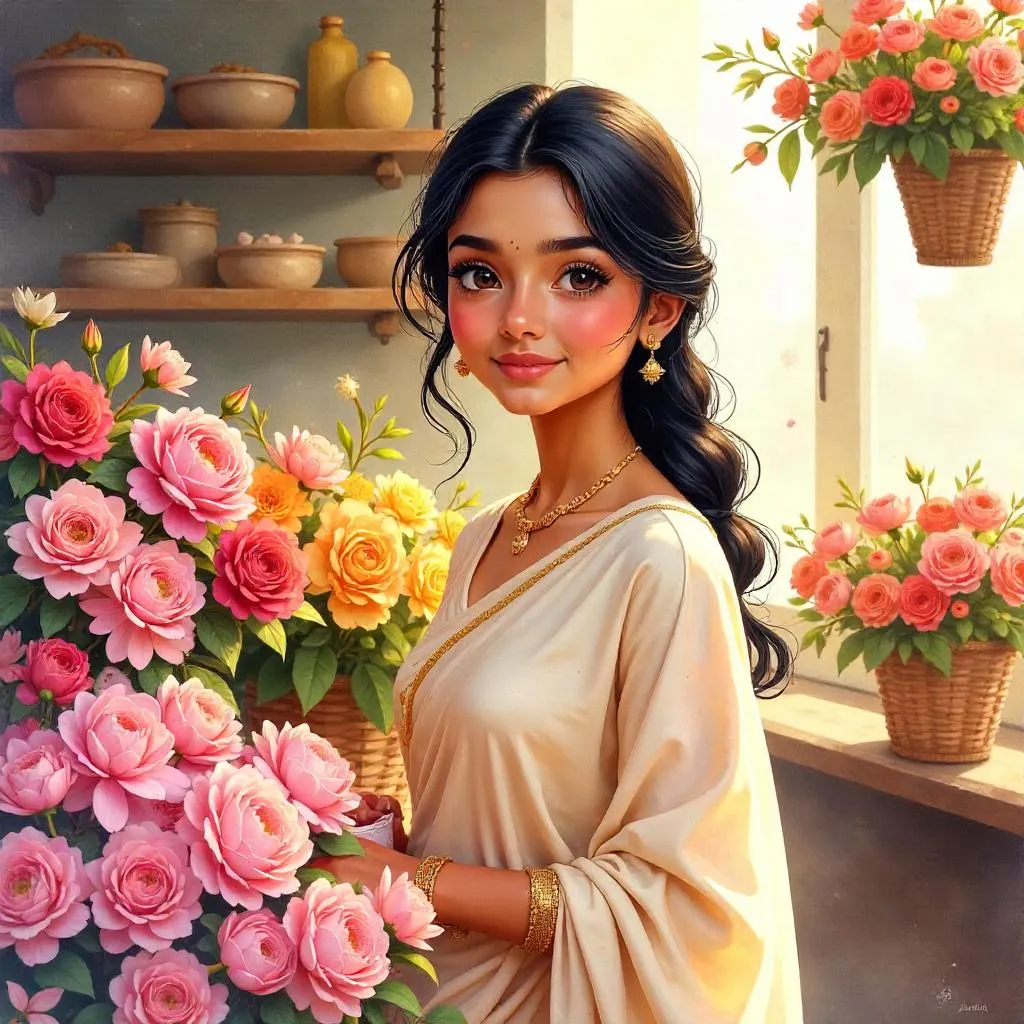 Watercolor Portrait: Indian Girl in a Flower Shop
