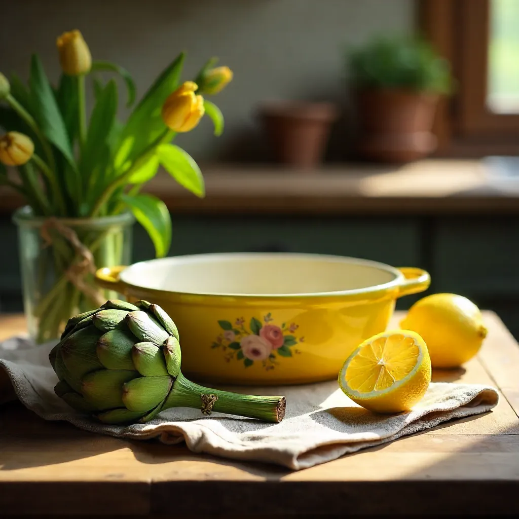 Rustic Table Still Life with Artichokes and Lemons
