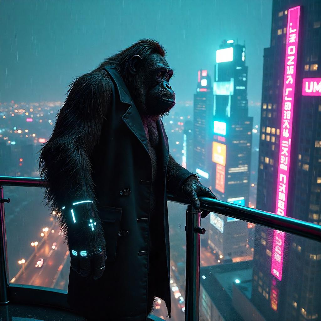 Orangutan on a Neon Skyscraper Balcony