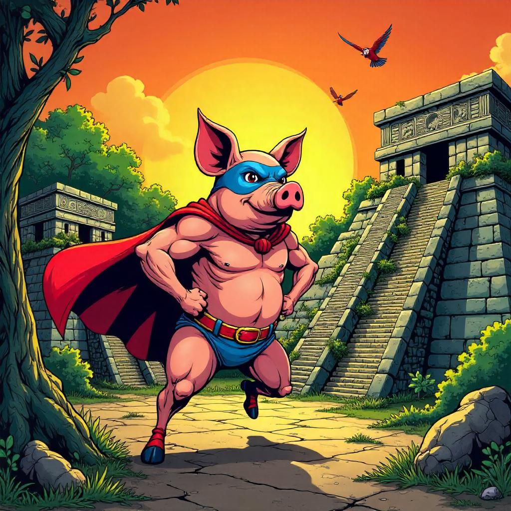Comic Pig Hero in Mayan Ruins Adventure