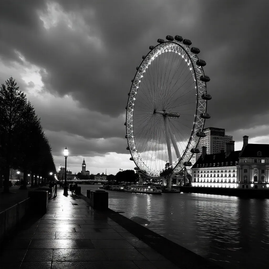 Dramatic Black and White London Eye at Dusk