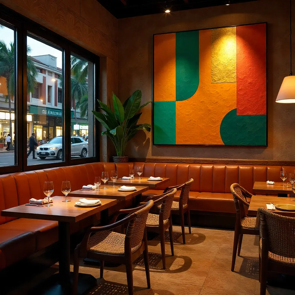Warm Accra Restaurant Interior with Abstract Wall Art