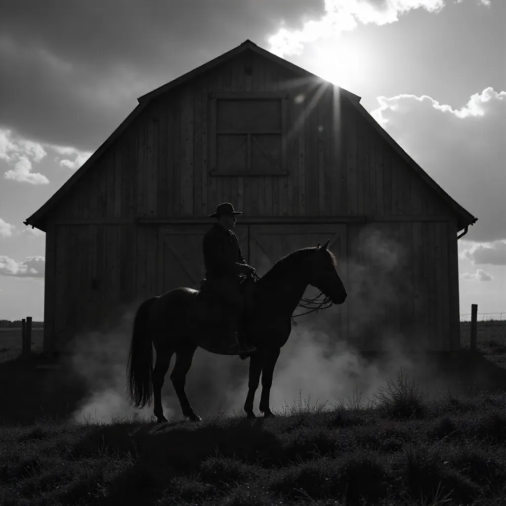 Silhouetted Rider Before the Barn in Dramatic B&W