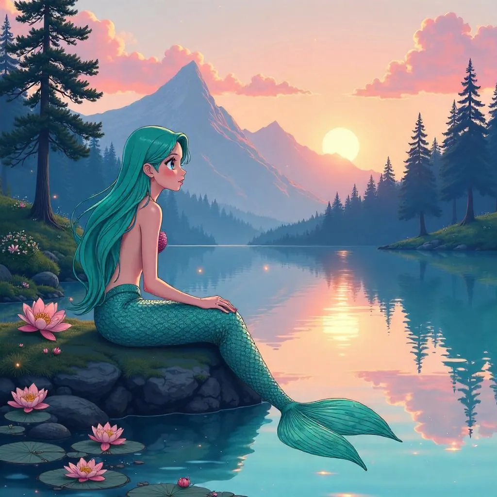 Anime Mermaid by a Serene Lake at Sunset