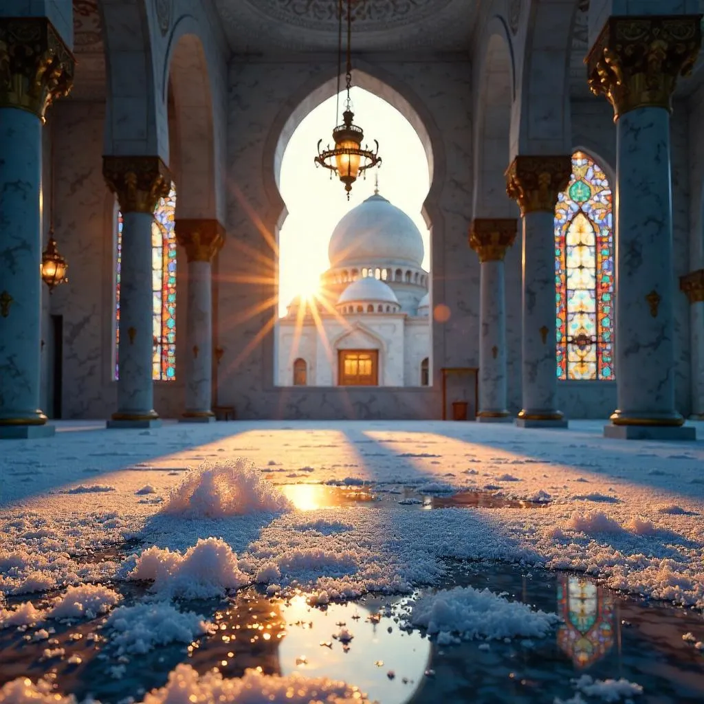 Photorealistic Ice Crystals Adorning a Mosque Interior at Dusk