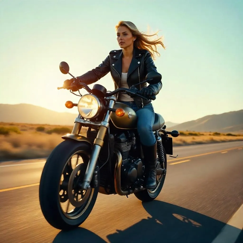 Photorealistic Adult Woman Riding a Motorcycle