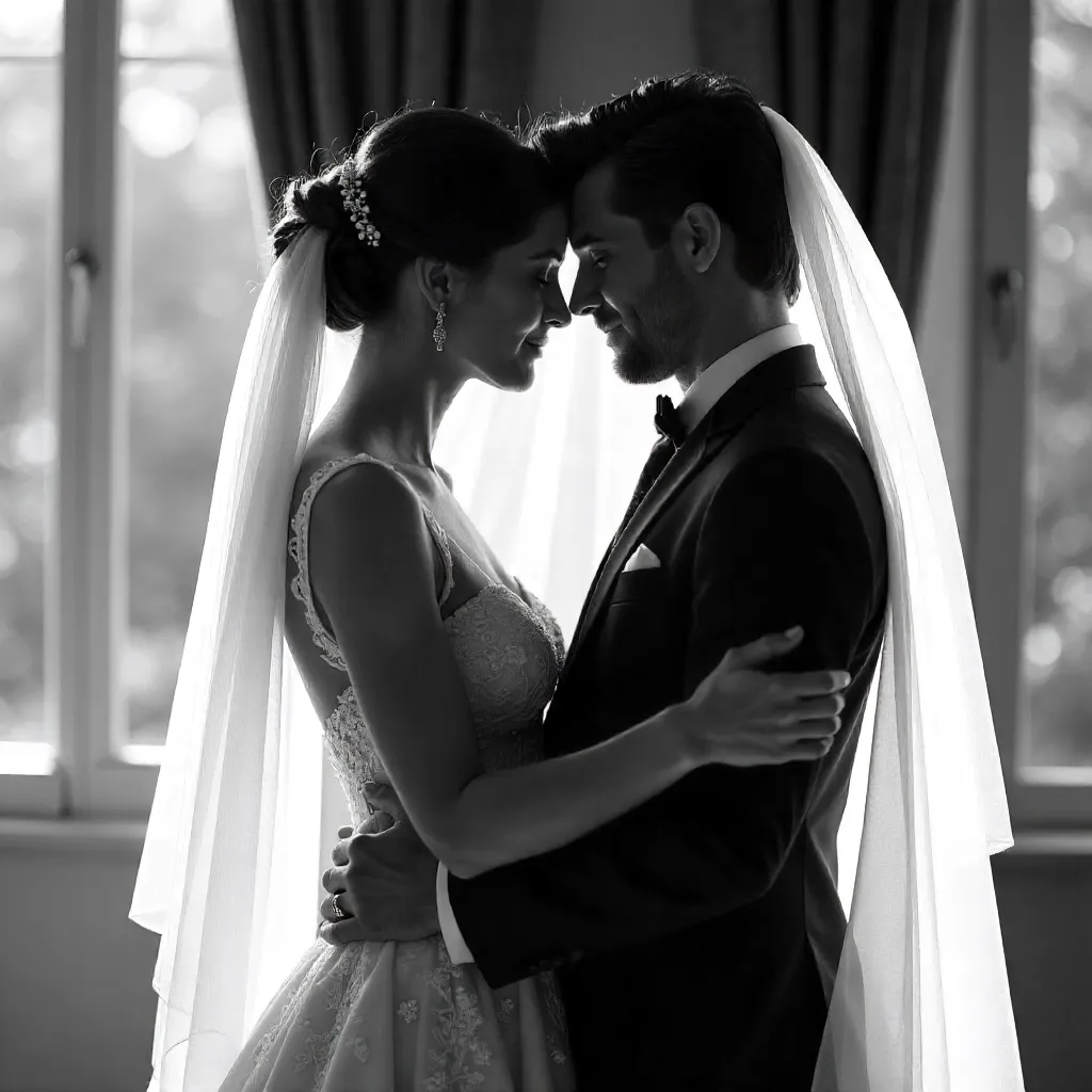 Veiled Embrace: An Elegant Black-and-White Wedding Portrait