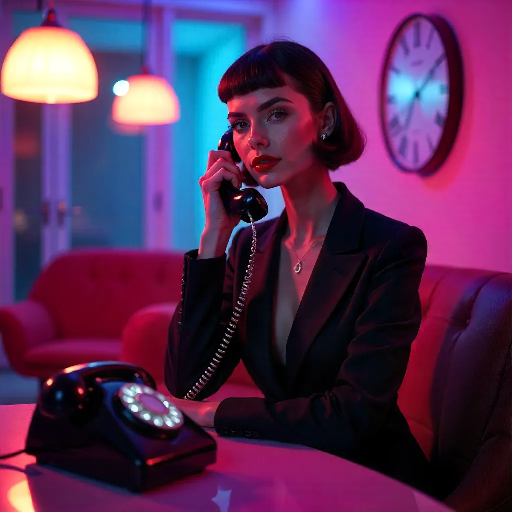 Neon Chic: Woman on a Retro Phone