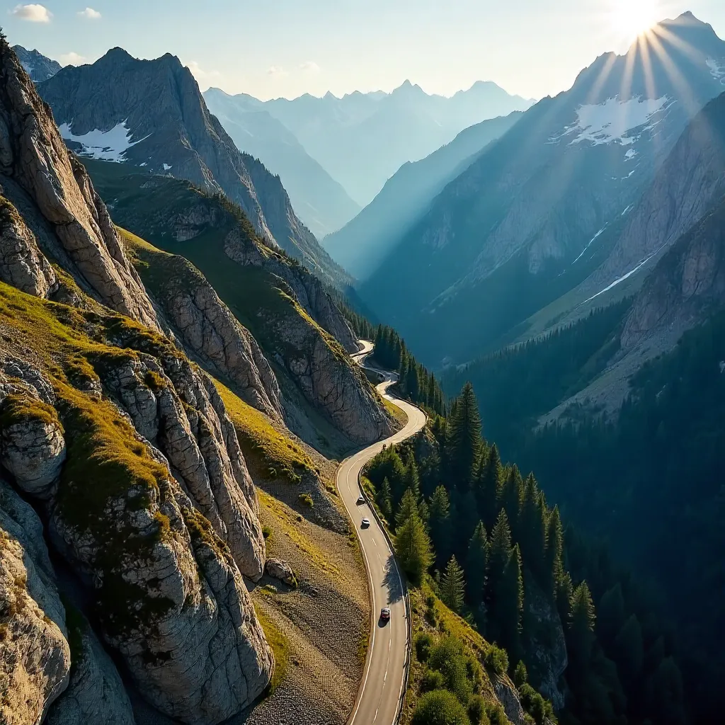 Aerial View: Winding Mountain Road Through Rugged Peaks