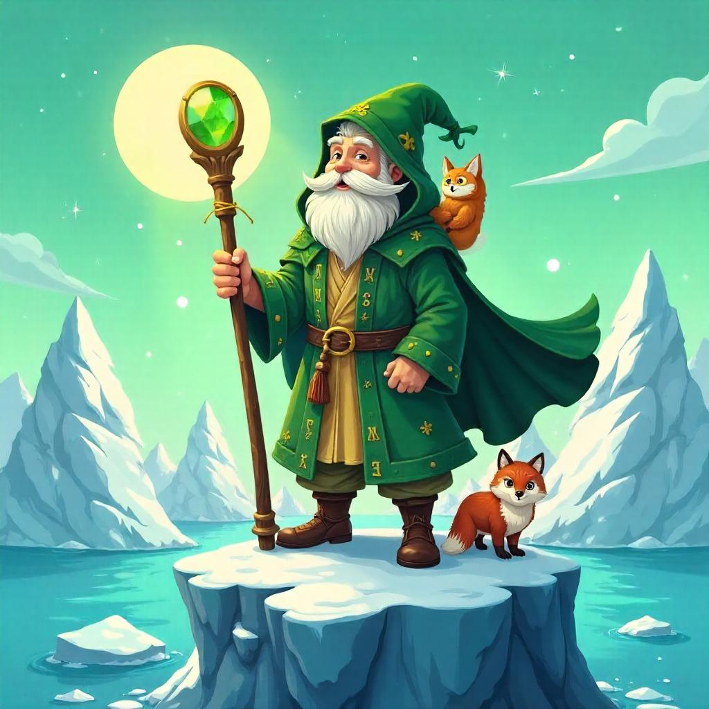 Cartoon Druid Among Floating Icebergs