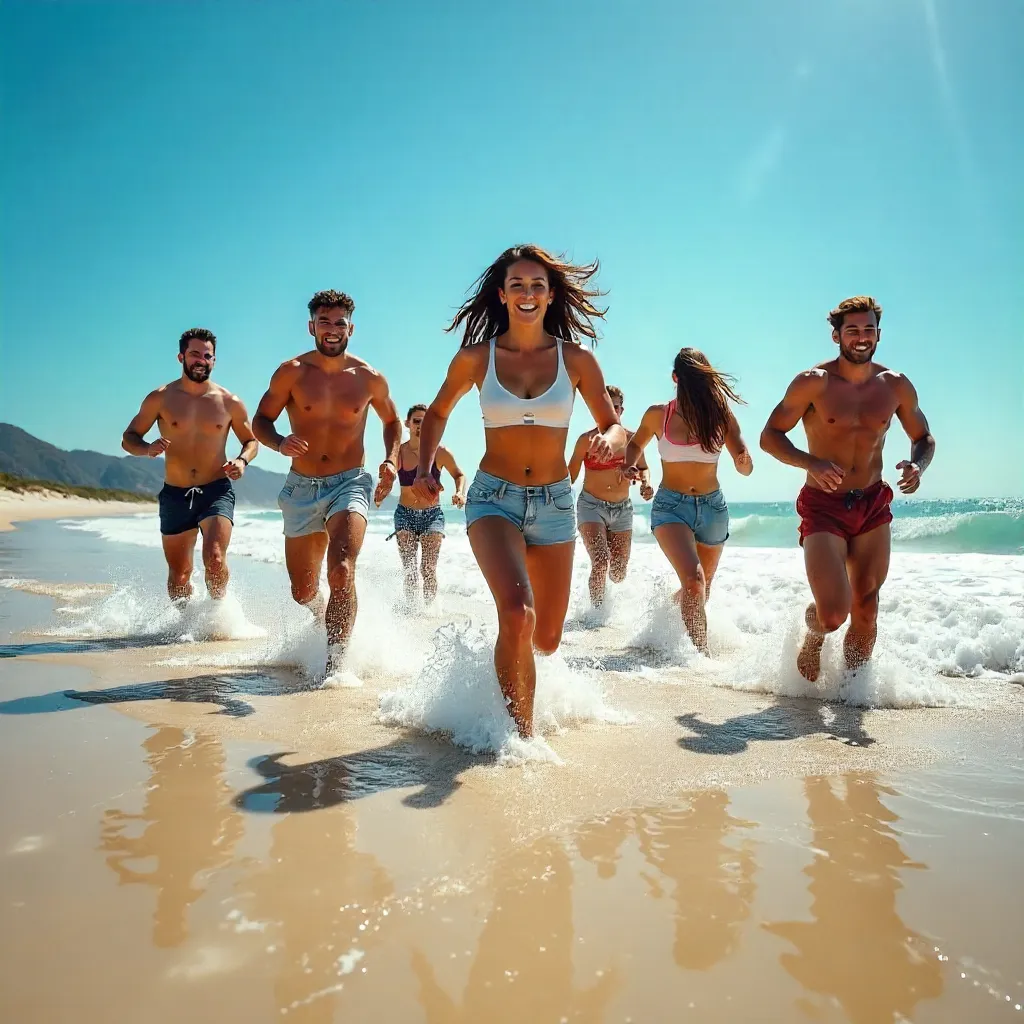 Group Run in Shallow Ocean Waters Under Clear Sky