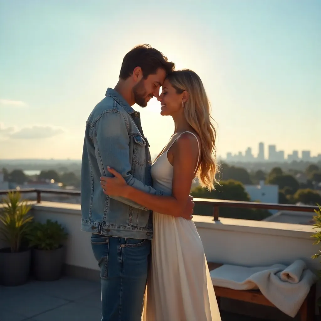 Rooftop Embrace Under a Clear Blue Sky