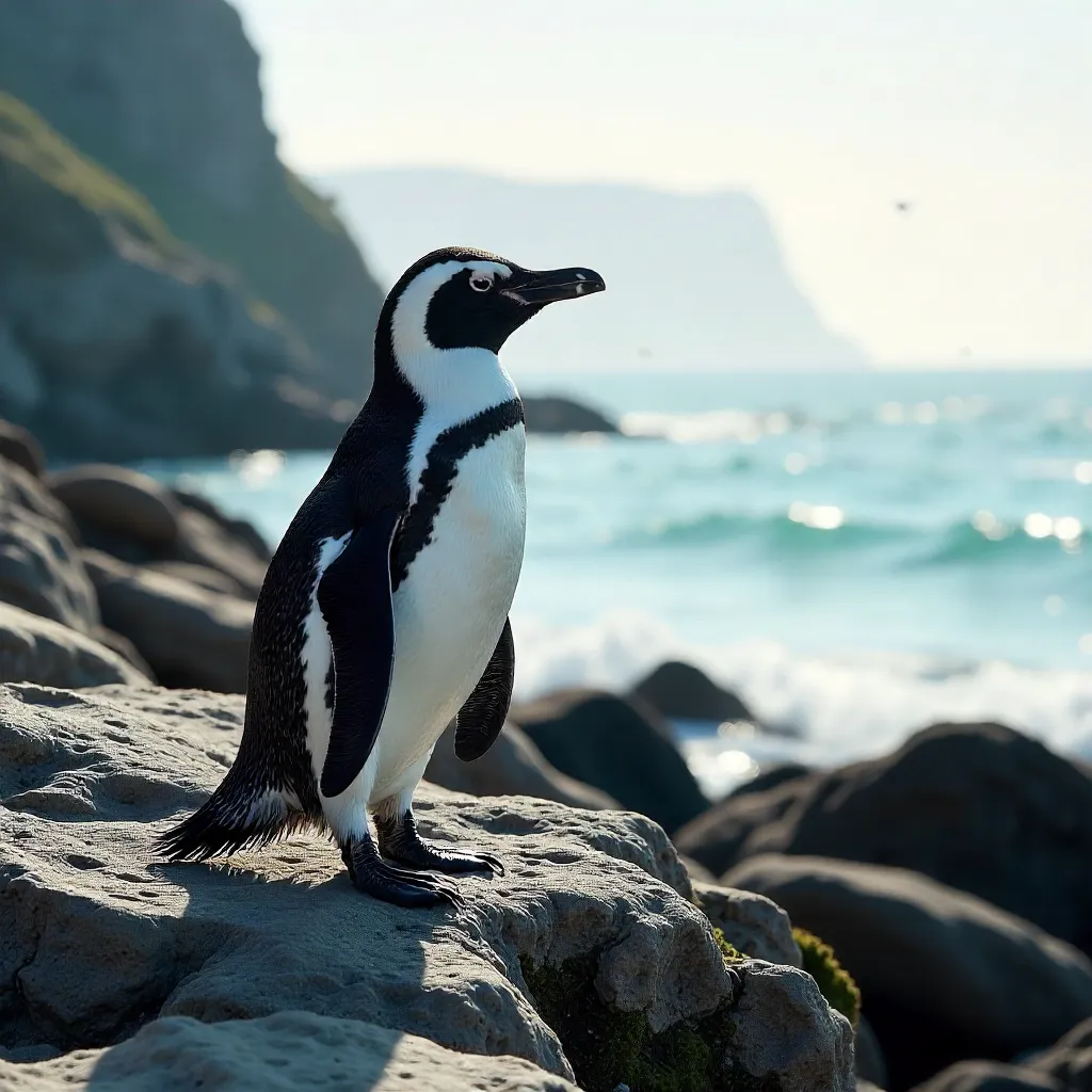 Humboldt Penguin on a Rocky Shore in Soft Light