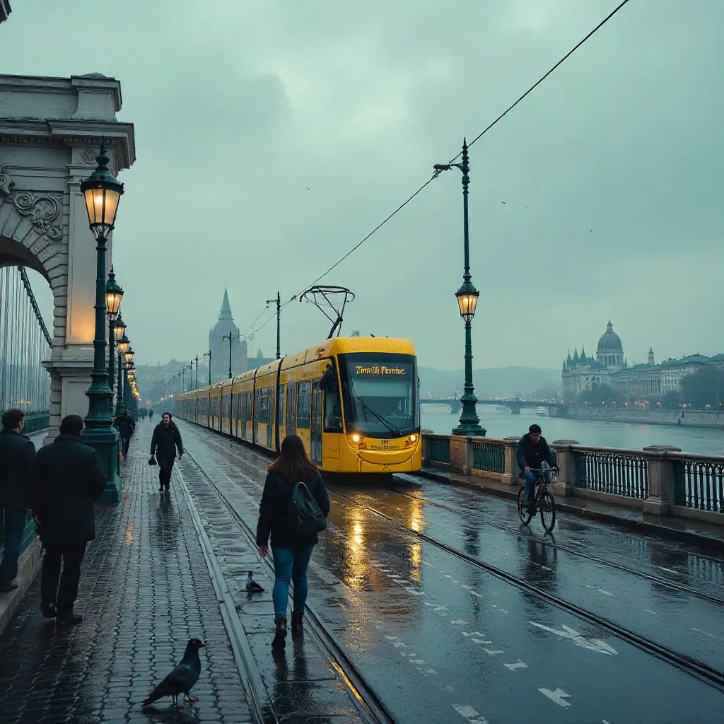 Vibrant Yellow Tram Crossing Liberty Bridge, Budapest