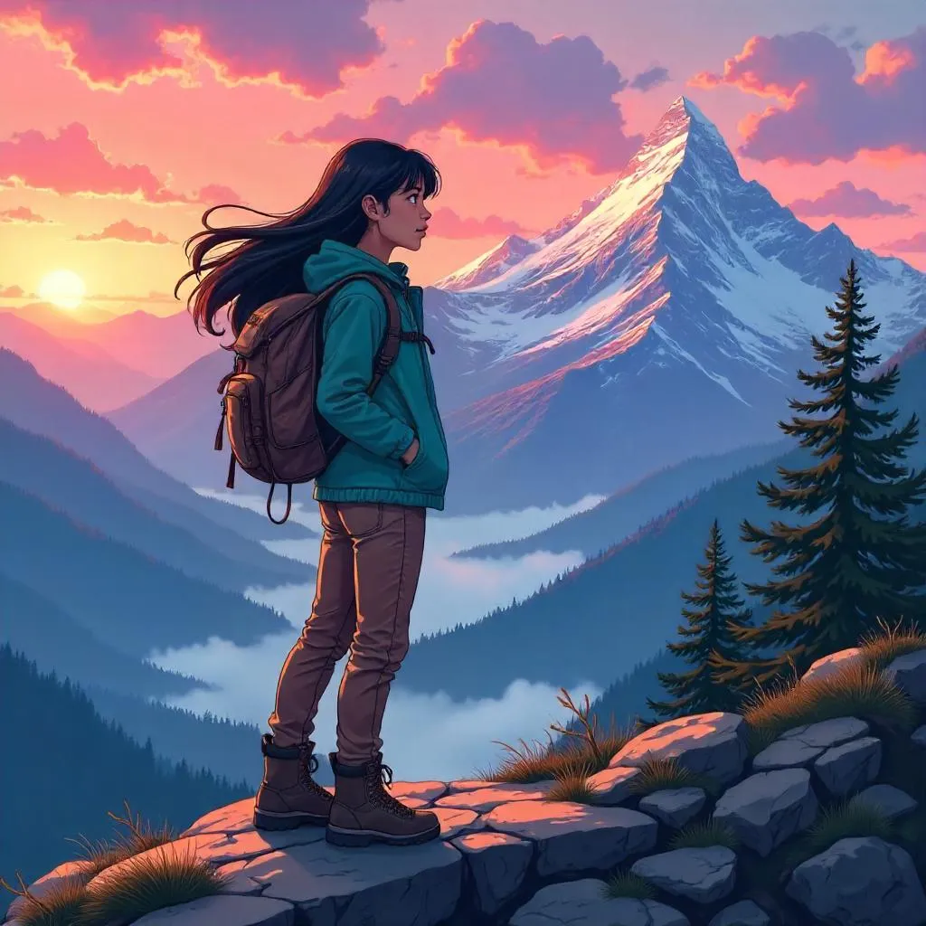 Latina Anime Heroine in Mountain Sunrise