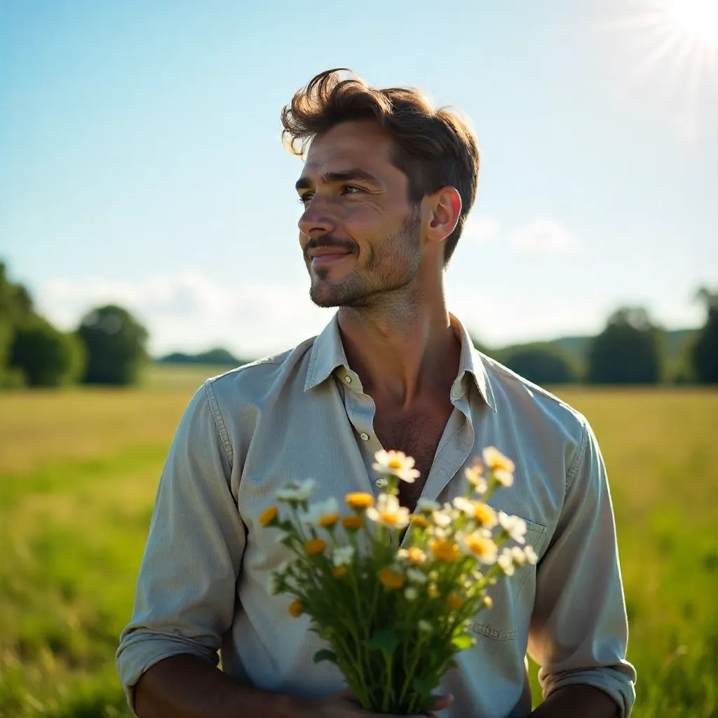 Calm Outdoor Portrait: Man with Wildflowers under Blue Sky