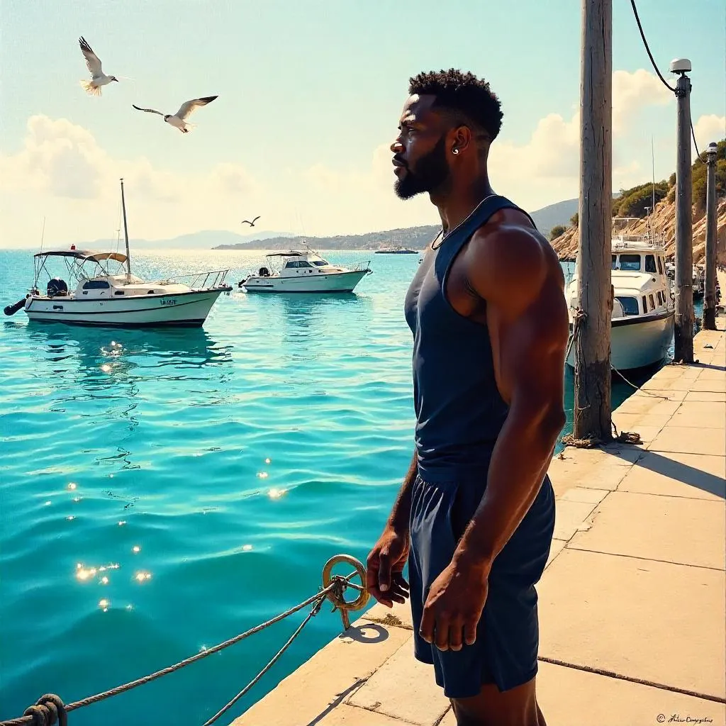 Athletic Black Man at the Marina Oil Painting