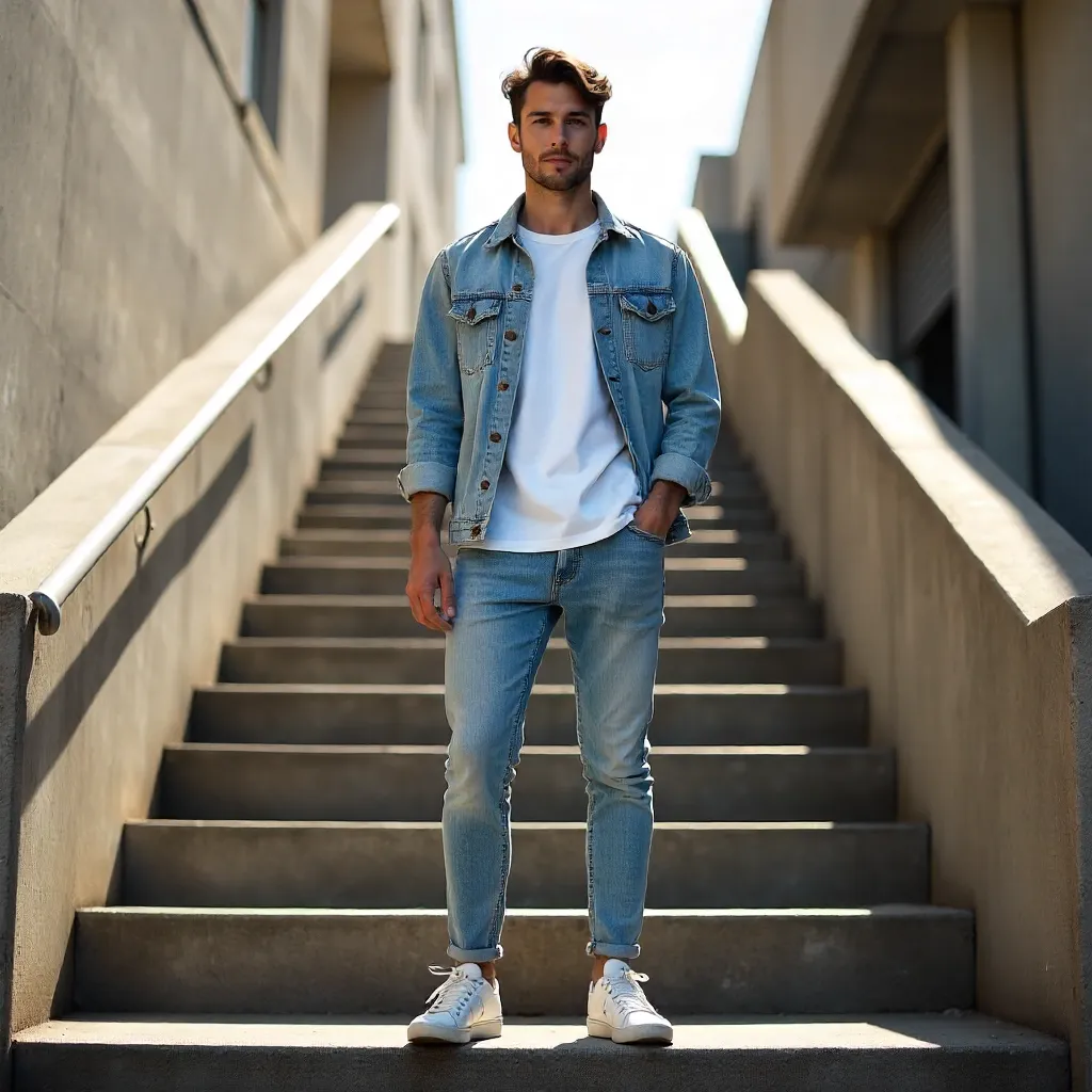Casual Young Man on a Bright Day Staircase